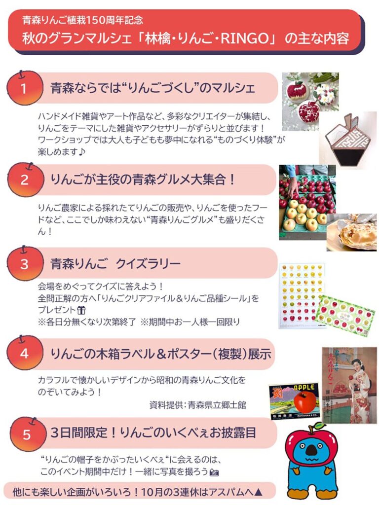 青森りんごご植栽150周年記念 秋のグランマルシェ「林檎・りんご・RINGO」の主な内容
1. 青森ならでは“りんごづくし”のマルシェ
ハンドメイド雑貨やアート作品など、多彩なクリエイターが集結し、りんごをテーマにした雑貨やアクセサリーがずらりと並びます！ ワークショップでは大人も子どもも夢中になれる**「ものづくり体験」**が楽しめます♪

2. りんごが主役の青森グルメ大集合！
りんご農家による採れたてりんごの販売や、りんごを使ったフードなど、ここでしか味わえない**「青森りんごグルメ」**も盛りだくさん！

3. 青森りんご クイズラリー
会場をめぐってクイズに答えよう！ 全問正解の方へ**「りんごクリアファイル＆りんご品種シール」**をプレゼント🎁 ※各日分無くなり次第終了 ※期間中お一人様一回限り

4. りんごの木箱ラベル＆ポスター(複製)展示
カラフルで懐かしいデザインから昭和の青森りんご文化をのぞいてみよう！ 資料提供：青森県立郷土館

5. 3日間限定！りんごのいくべぇお披露目
**“りんごの帽子をかぶったいくべぇ”**に会えるのは、このイベント期間中だけ！一緒に写真を撮ろう🍎
他にも楽しい企画がいろいろ！10月の3連休はアスパムへ